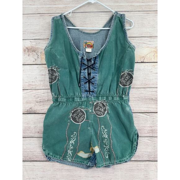 Figur Jeans Tie Front Denim Romper Women's Size Large Green/Blue - Picture 1 of 10